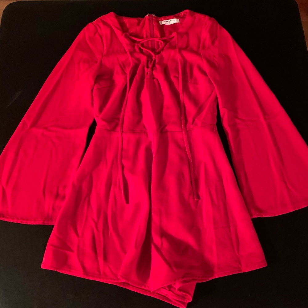 Dillard’s Red Romper gorgeous front tie back zip long sleeve